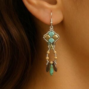 Turquoise and Gold Beaded Dangle Earrings